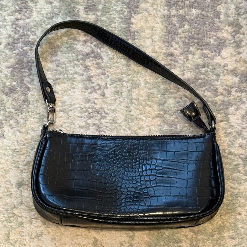 Black Croc-Embossed Shoulder Bag
